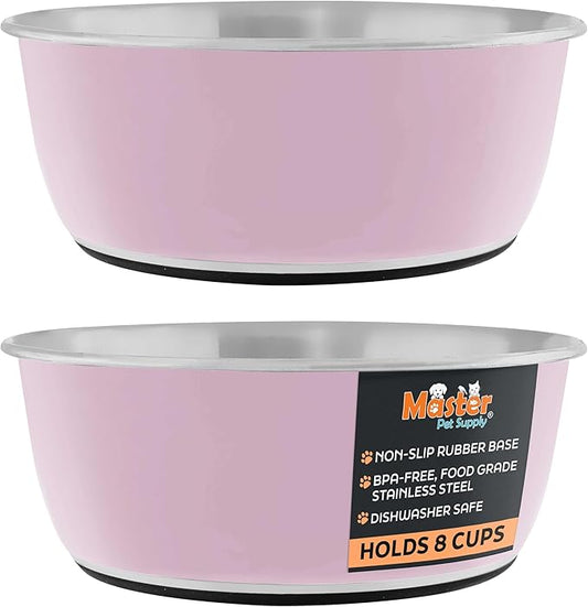 Master Pet Supply Stainless Steel Dog Bowls Set of 2 (64 Oz Each) with Non-Slip Rubber Base - Rose Quartz - Basic Dog Food Bowl Water & Food Bowls for Small Medium Large Dogs & Cats, Metal Dish