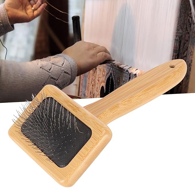 Macrame Slicker Comb with Hole Cushion Finely Polished Bamboo Cleaning Slicker Brush for Pet Tapestry Work Fast and Save Time (Small Size 7.9 X 11.8in)