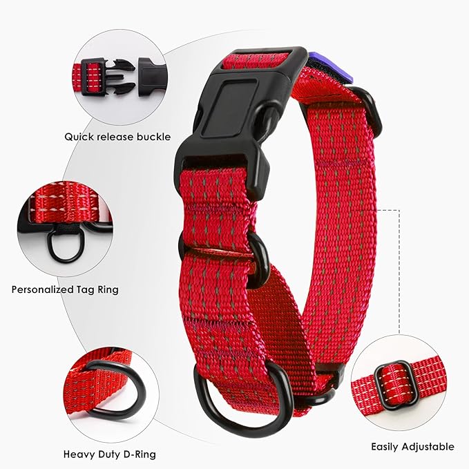 Martingale Dog Collar, Reflective No Pull Training Collar with Quick Release Buckle & USA Flag, Heavy-Duty Nylon, Adjustable for Small Medium Large Dogs (S,Red with Flag