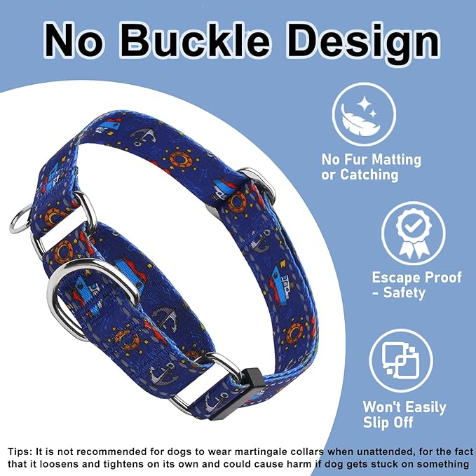 Reflective Martingale Collar for Dogs Nylon Training Collar with No Buckle, No Pull Boy Male Dog Collar for Large Dogs（Navy Blue Sailboat，L）