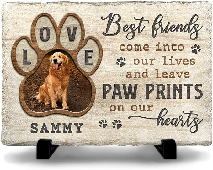 Dog Memorial Stone - Love Pawprint Plaque with Custom Photo & Touching Optional Quotes - Pet Loss Gift, Personalized Stones for Dogs Lover - Paw Prints on Our Hearts, Garden Décor