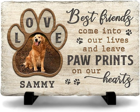 Dog Memorial Stone - Love Pawprint Plaque with Custom Photo & Touching Optional Quotes - Pet Loss Gift, Personalized Stones for Dogs Lover - Paw Prints on Our Hearts, Garden Décor