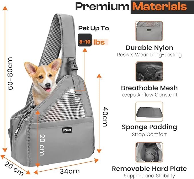 Small Dog Sling Carrier Bag, Hands-Free Dog Carrier Sling with Safety Buckle, Breathable Mesh, Adjustable Strap, Padded Back, Storage Pockets, Pet Carrier for Dogs, Cats, Puppies up to 8–10 lbs