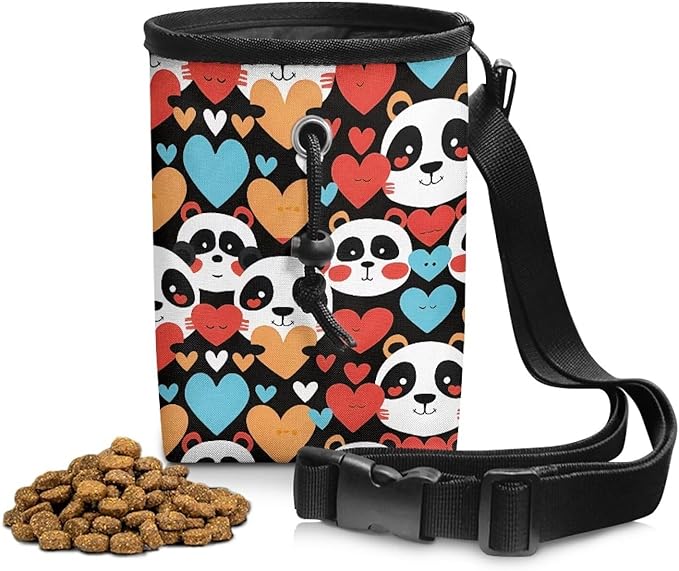 Panda Hearts Animal Walking Snack Container Dog Treat Bag Drawstring Closure Pouch Training Treat Bag for Pet Food Toy, Pet Feed Snack Reward Pocket with Waistband