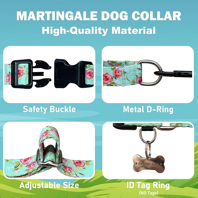 Martingale Collar for Dogs with Buckle Green Floral No Pull Cute Girl Female Dog Collars for Medium Dogs, Green Rose