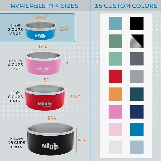 Master Pet Supply Stainless Steel Dog Bowls - 25 oz, Heavy Duty - Stainless Steel, Double Wall Extra-Thick Insulated, Non-Slip Pet Water Bowl for Dogs, Cats & Pets, Anti Rust Metal, Dish Washer Safe