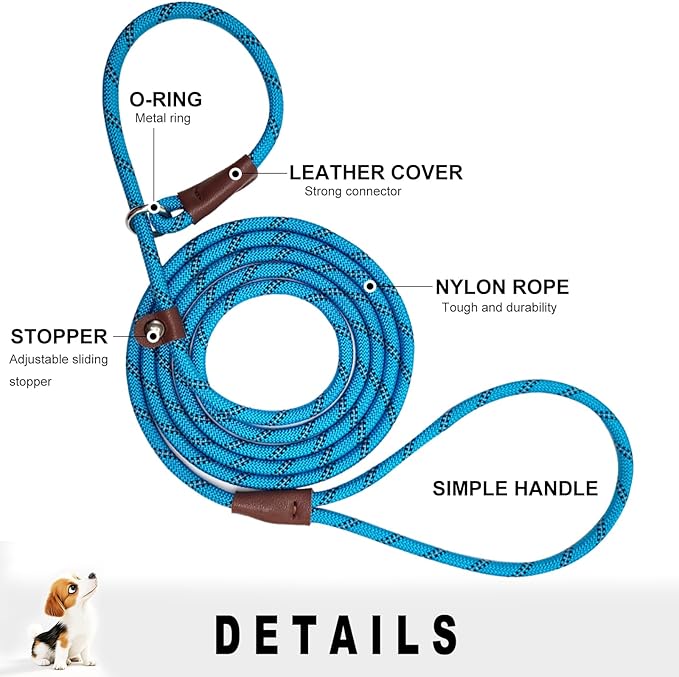 7FT Slip Lead Dog Leash for Small Dogs, No Pull Puppy Training Lead, Lightweight Sturdy Pet Slip Rope Leash Easy On/Off, Blue