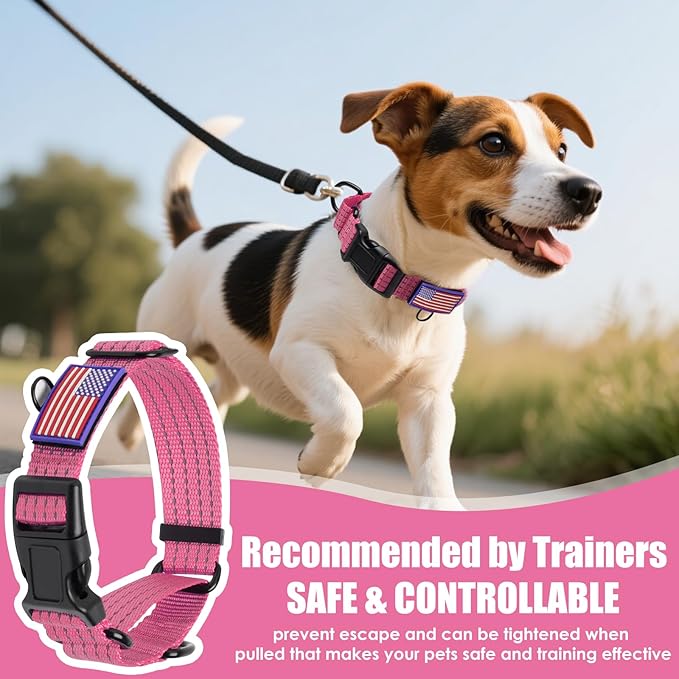 Martingale Dog Collar, Reflective No Pull Training Collar with Quick Release Buckle & USA Flag, Heavy-Duty Nylon, Adjustable for Small Medium Large Dogs (L,Pink with Flag