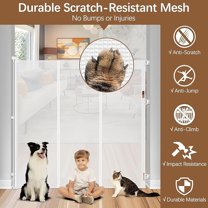 Reinforced 60 Inch Extra Tall Pet Gate for Cats - No Jumping Over/Crawling Under, 55" Wide Retractable Dog Gate with Support Rods, Indoor/Outdoor Retractable Gate Extra Tall Baby Gate for Cats, White
