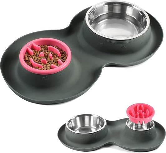 100% Waterproof BPA Free Pet Dog Bowls2 Stainless Steel（53oz+27oz） with 1.35“ Raised Edge Silicone Mat + Slow Feed Dog Water and Food Bowls for Feeding Small Large Dogs Cats Puppies (Gray)