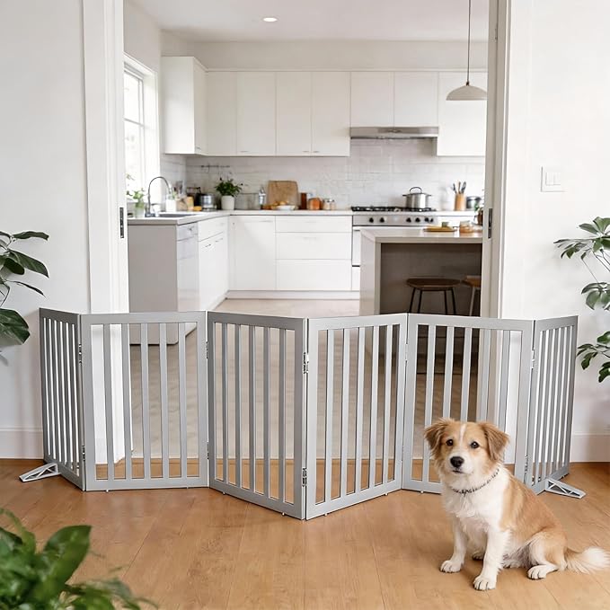 Dog Gate Indoor, Freestanding Dog Fence for The House, Doorways, Hallways,or Stairs,Pet Gate Foldable Wooden,Expandable 24" Height 6 Panels,Grey