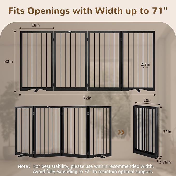 32" Extra Tall Freestanding Dog Gate, Foldable Pet Gate for Doorways Stairs Hallways, 4-Panel Dog Fence with Support Feet for Stability, Folding Puppy Gate Easy to Carry No Drilling 72"x32"