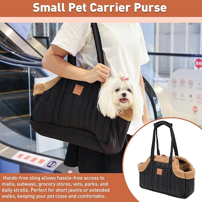 ETIAL Small Dog Carrier Purse, Winter Fleece Warm Dog Tote Bag Carrier with Secure Harness Clip for Puppy Kitten, Waterproof Pet Travel Handbag for Shopping, Hiking and Walking (Dark Blue)