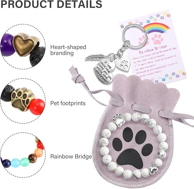 Jadive 9 Pcs Pet Memorial Gifts Sympathy Rainbow Memorial Bracelet Keychain with Poem Cat Card Dog Loss Remembrance Gifts for Men Women Who Loss of Beloved(Cute Style)