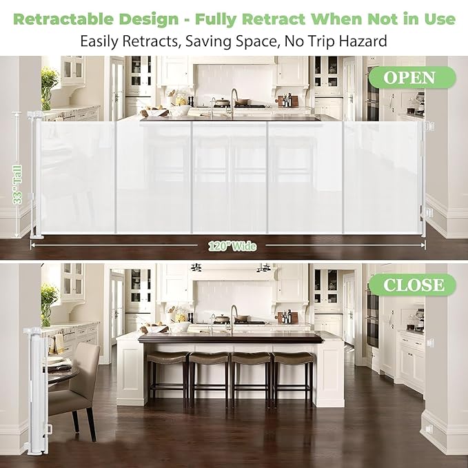 Reinforced 120 Inch Extra Long Retractable Baby & Dog Gate with Support Rods Prevents Crawling Under, 10 Ft Wide for Large Openings, Indoor/Outdoor Gate, White