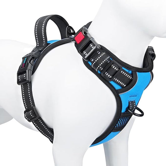 PHOEPET Reflective Dog Harness Large Breed Adjustable No Pull Vest with Handle 2 Metal Rings 3 Buckles [Easy to Put on & Take Off](L, Blue)
