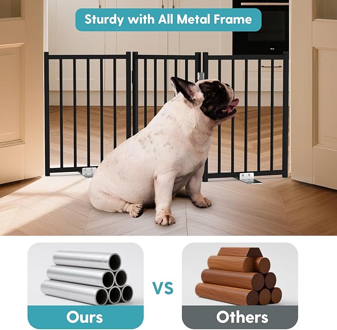 No Pawblems Free Standing Short Dog Gate, 16.5'' Tall Foldable Dog Fence for Indoor & Outdoor, Up to 36 Inch Extra Wide Puppy Gate for Stairs, Hallways, Doorways, Deck, Yard (Black, 3 Panels)