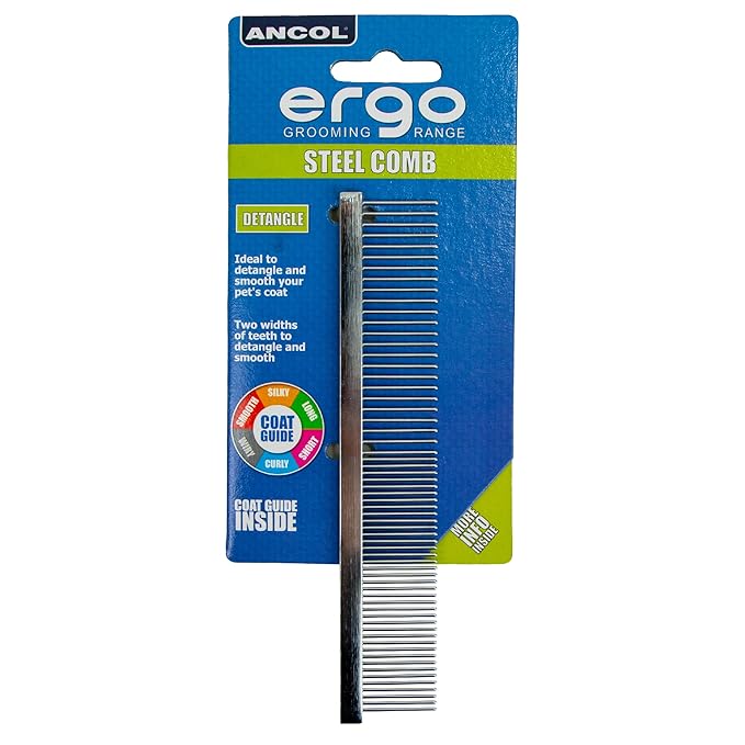 Ancol Ergo Metal Comb - Silver Grooming Tool for Dogs and Cats - Dual Sided Stainless Steel Pins for Detangling and Smoothing - Gentle on Skin - 7" Size