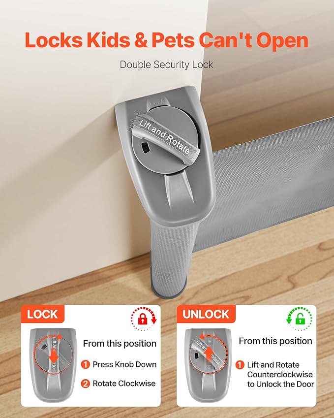 VEVOR Retractable Baby Gate, Extends to 72.8 inch Wide, 31.3 inch Tall, with Security Lock, Easy to Use, Walk Through Without Tripping, Mesh Dog Gate for Stairs, Hallways, Indoor/Outdoor, Gray
