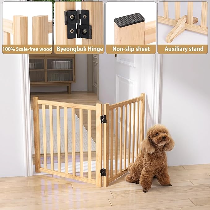 Wood Freestanding Dog Gates, Paint-Free Nature Wood Pet Gate Indoor, Puppy Gate for Doorways, Stairs, 23" Height, 2 Panels-2Pcs