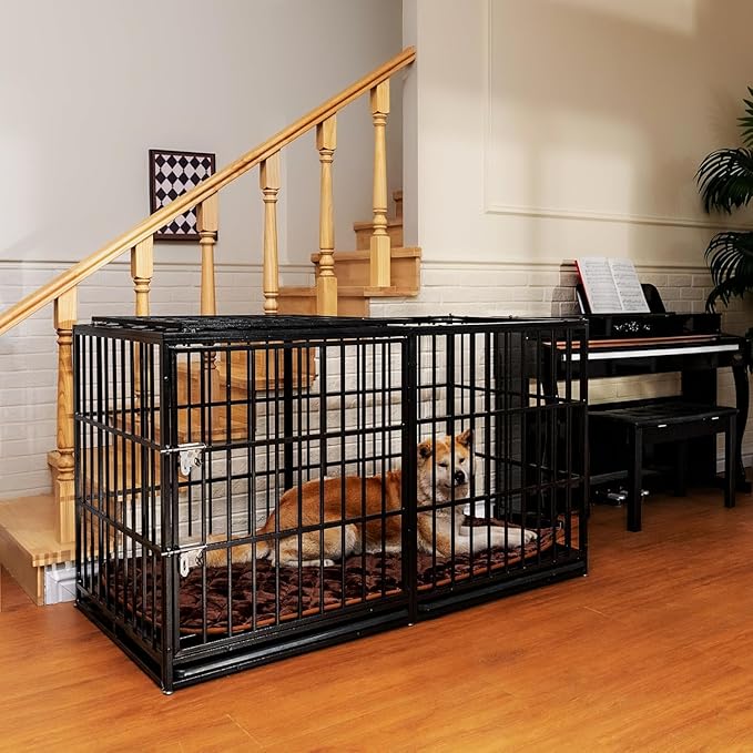61'' Indestructible Heavy Duty Dog Crate with Cushion, Extra Large Pet Cage Escape Proof Strong Steel Impact for High Anxiety Dogs, Sound Proof Chewproof Kennel 2 Doors, XXL