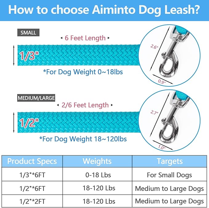 Dog Leash, Braided Rope Traction – Walking Training Lead for Medium/Large Dogs ((1/2") x 2FT, Light Blue)