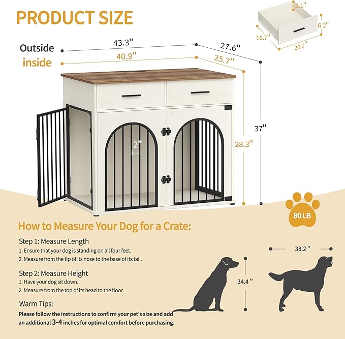 43.3'' Large Dog Crate Furniture with 2 Storage Drawers, Heavy Duty Dog Kennel Indoor with Charging Station, Wooden Dog Cage End Table Kennel for Medium/Large Dogs, White Brown DFC88214B