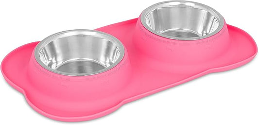 Internet's Best Bone Dog Bowl Set | Double Stainless Steel Pet Food Large Water Bowls | No Spill Silicone Stand | Large Medium Breeds | Pink