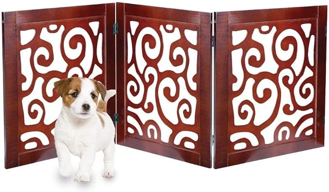 Safety Pet Gate for Dogs – Free-Standing & Foldable - Decorative Scroll Wooden Fence Barrier – Stairs & Doorways (Mahogany)