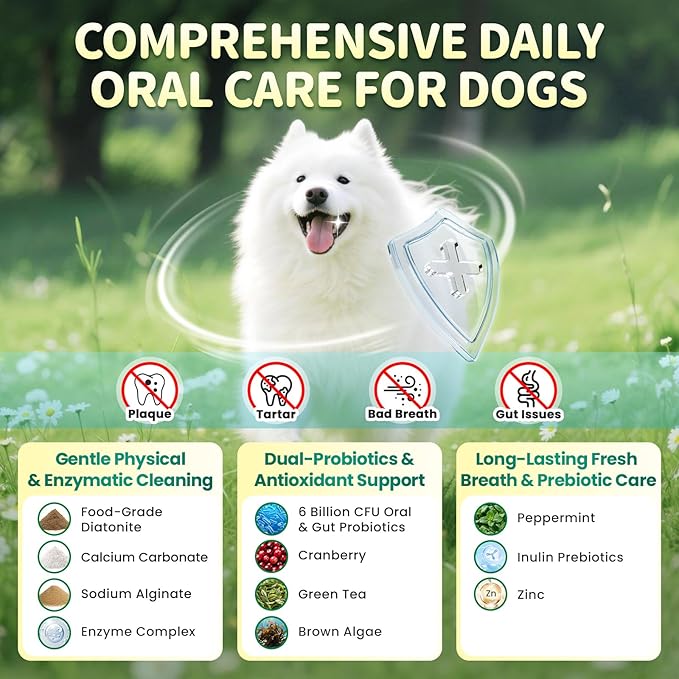 Dog Dental Powder – Teeth Cleaning Powder with 6B CFU Probiotics, Enzymes & Antioxidants, Plaque & Tartar Off, Fresh Breath Support, 75 Days, Mint Chicken Flavor, No Brushing Oral Care