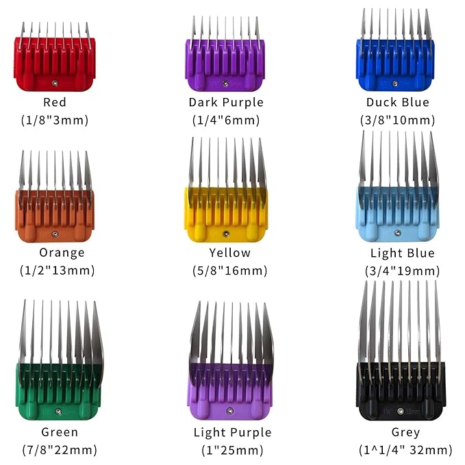 Animal Stainless Steel Attachment 9 Color Guide Comb Set Fit for Most Oster/Wahl/Andis Detachable-Style Clippers (ONLY Snap on Size #10/15/30 blades), Easy to Install