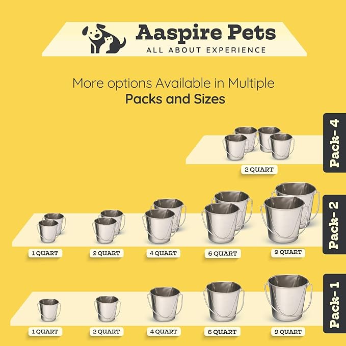 Flat Side Stainless Steel Bucket 2 Quart Hanging Feeding Utility Pail for Small Dog Cat Birds, Fits Kennel Cage Compatible, Heavy Duty Food & Water Feeder, 0.5 Gallon Silver Bucket 4 Pack