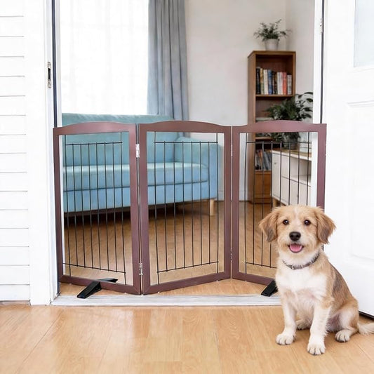 Dog Fence Indoor,Dog Gate Indoor for Doorway pet gate -3-Panel Freestanding, Hallways, House or Stairs -60x32-Inch Retractable Foldable Expandable Wood Pet by SFJC (Brown) ﻿
