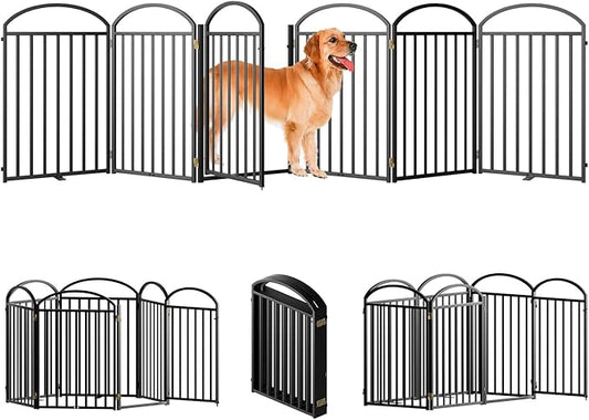 6 Panels Full Matel Freestanding Dog Gates with Door, 144"Extra Wide 32"Tall Free Standing Dog Pet Gate for Indoor & Outdoor. Foldable Pet Fences for Doorways, House, Stairs, Porch, Deck, Yard