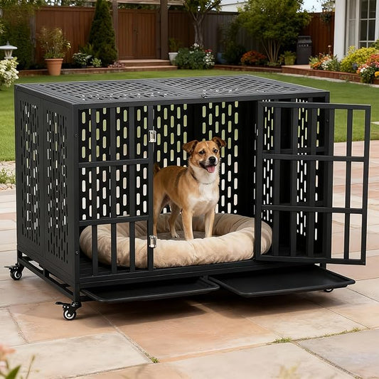 44 inch Heavy Duty Dog Crate with Wheels, Indestructible Escape-Proof Steel Pet Kennel for High Anxiety Large Medium Dogs, Chewproof Indoor Double Door Dog Kennel with 2 Trays, 3 Locks, XL