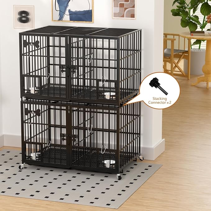 42 inch Stackable Heavy Duty Metal Dog Crate for 4 Dogs/Large Dog,All Metal Open Top Access,Escape Proof Cage,Dog Kennel Indoor with Wheels,Floor Grid, Tray, Divider and Feeding Bowl