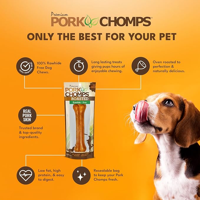 Pork Chomps Roasted Pressed Pork Skin Dog Chew, 7-inch Bone, 1 Count (Pack of 3)