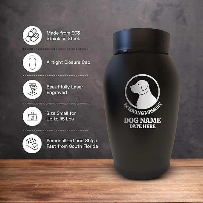 Personalized Custom Small Keepsake Urn Engraved with Pet Name, Date, and Dog Design - 5.2" Black Powder Coated Steel Cremation Urn for Dogs Ashes | 12-16 lb Capacity, Labrador Silhouette