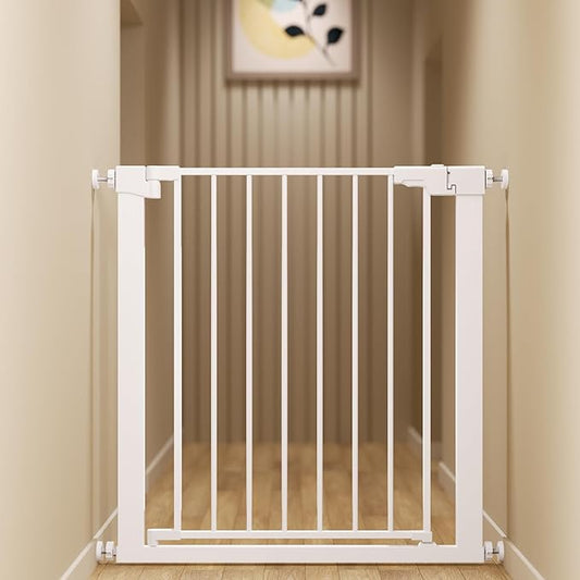 29-32 inches Metal Baby Gate for Stairs/Doorways, 30 inches Tall Pressure Mounted Pet Gates, Auto-Close Child Safety Gate, No Drilling Easy Walk-Through Dog Gate Indoor, White
