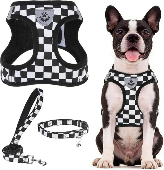 PUPTECK Adjustable Dog Harness Collar and Leash Set Step in No Pull Pet Harness for Small Medium Dogs Puppy and Cats Outdoor Walking Running, Checkered Black&White L
