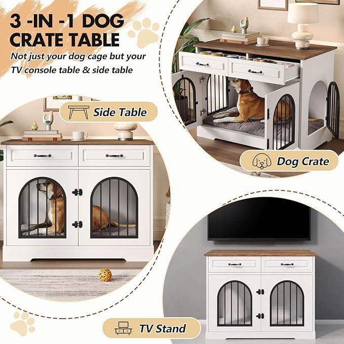 43.3" XL Dog Crate Furniture for Small and Medium Dog, Heavy Duty Indoor Dog Kennel with 2 Storage Drawers, Wooden Decorative Dog Cage with Side Doors, End Table Dog Crate, White