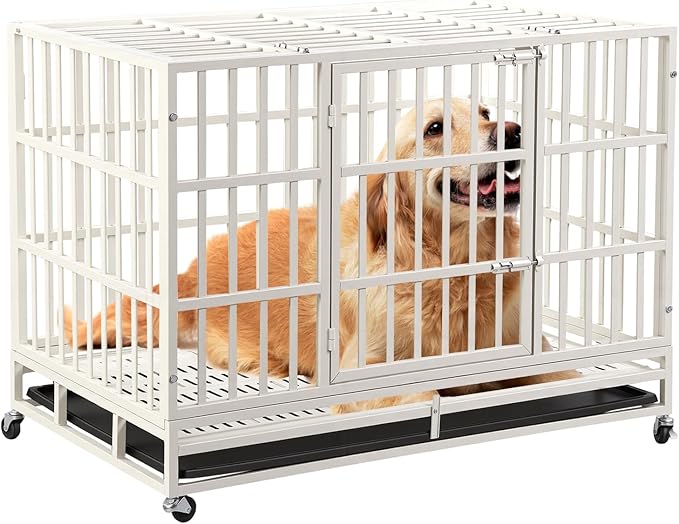 48 Inch Heavy Duty Indestructible Dog Crate with Lockable Wheels & Sturdy Locks, Metal Dog Crate Kennel with Removable Tray, Extra Large XL, White