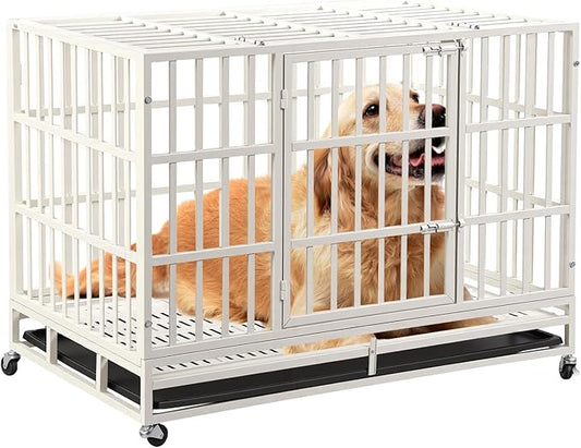 48 Inch Heavy Duty Indestructible Dog Crate with Lockable Wheels & Sturdy Locks, Metal Dog Crate Kennel with Removable Tray, Extra Large XL, White