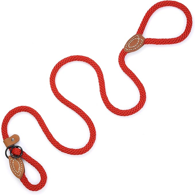 Mile High Life Slip Leads for Dogs | Heavy Duty Dog Training Leash | 5 Feet No Pull Slip Leashes w Leather Tip | Red Rope Lead for Dogs Outside