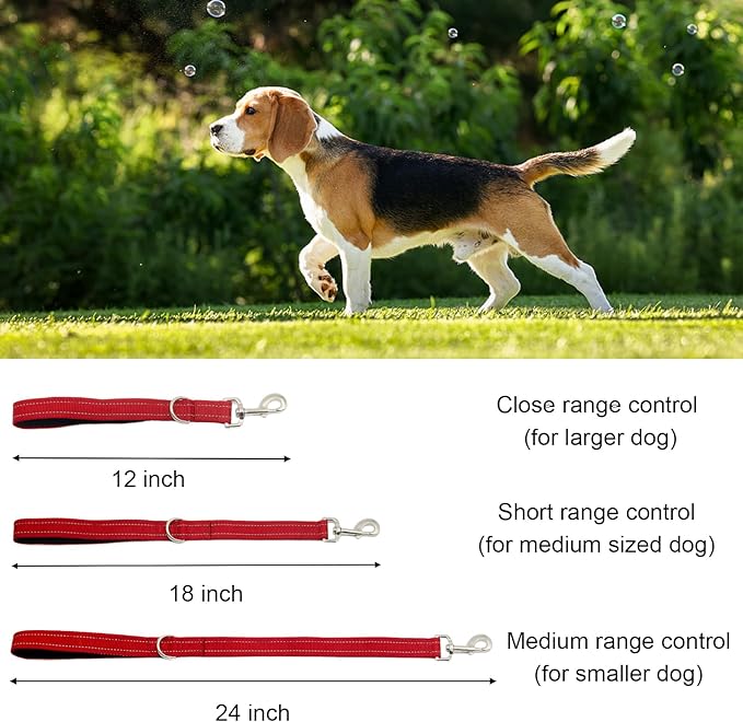 Nylon Short Leash 24 Inches Durable Dog Lead with Handle, Heavy Duty Dog Padded Handle and D-Ring for Control, Traffic Leash 2FT Long for Small to Large Sized Dogs Training Red