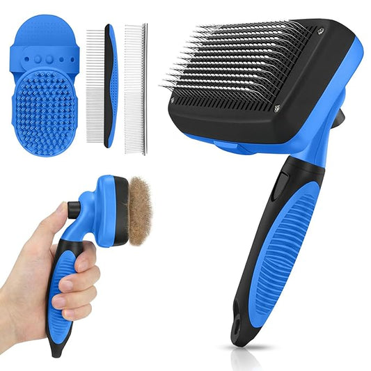Self Cleaning Shedding Brush - 5-in-1 Professional Pet Grooming Kit Skin Friendly Grooming Tool for Dogs, Cats, and Puppies, Deshedding and Hair Removal for Long and Short Haired Pets, Blue