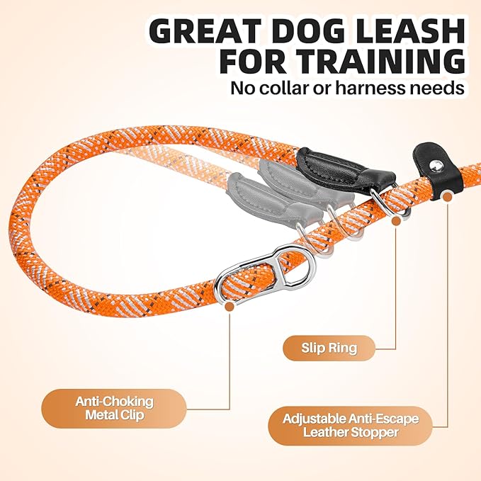 SlowTon Slip Lead Dog Leash, Adjustable 5-7 FT, 1/2” Rope, Heavy Duty Nylon Leashes with Padded Handle & Highly Reflective Threads, No Pull Training Leash for Medium Large Dogs 20-120lb (Orange, L)