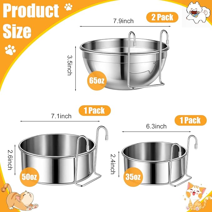 Zhehao 4 Pack Hanging Dog Water and Food Bowls for Kennel Cage, No Spill Dog Crate Water Bowl, Stainless Steel Bowls Dish for Dogs Crate Cage Accessories (35oz & 50oz & 65oz)