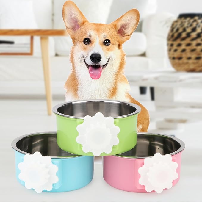 Crate Dog Bowl,Removable Stainless Steel Kennel Water Hanging Food & Water Feeder Crate Water Bowl No Spill for Puppy,Cat,Rabbit,Guinea Pig (Pink)