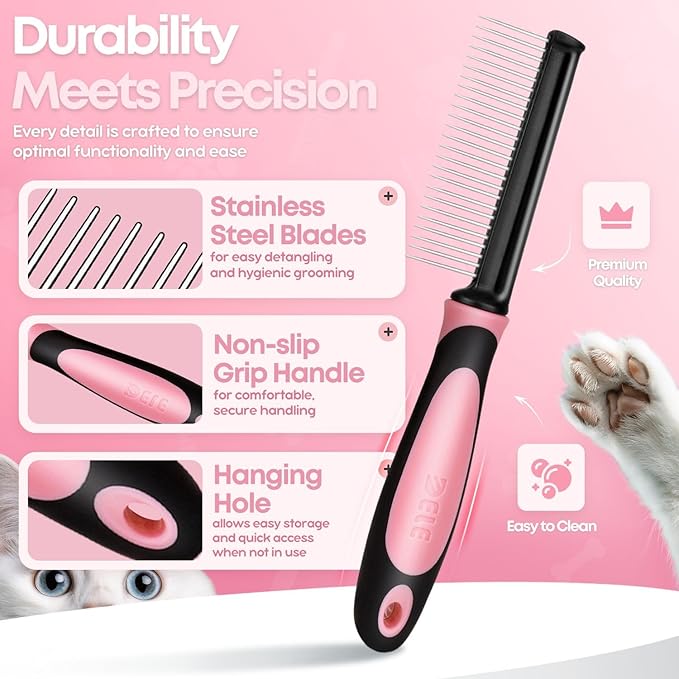 Flexzion Metal Pet Comb for Cats & Dogs - Sturdy Stainless Steel Rounded Teeth with Non-Slip Soft Grip Handle Easy to Use Grooming Detangling Cat Combs for Indoor Cats, Pink
